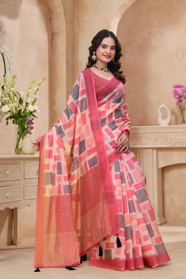 Buy Coral Pink Geometric Printed Linen Cotton Saree Online!