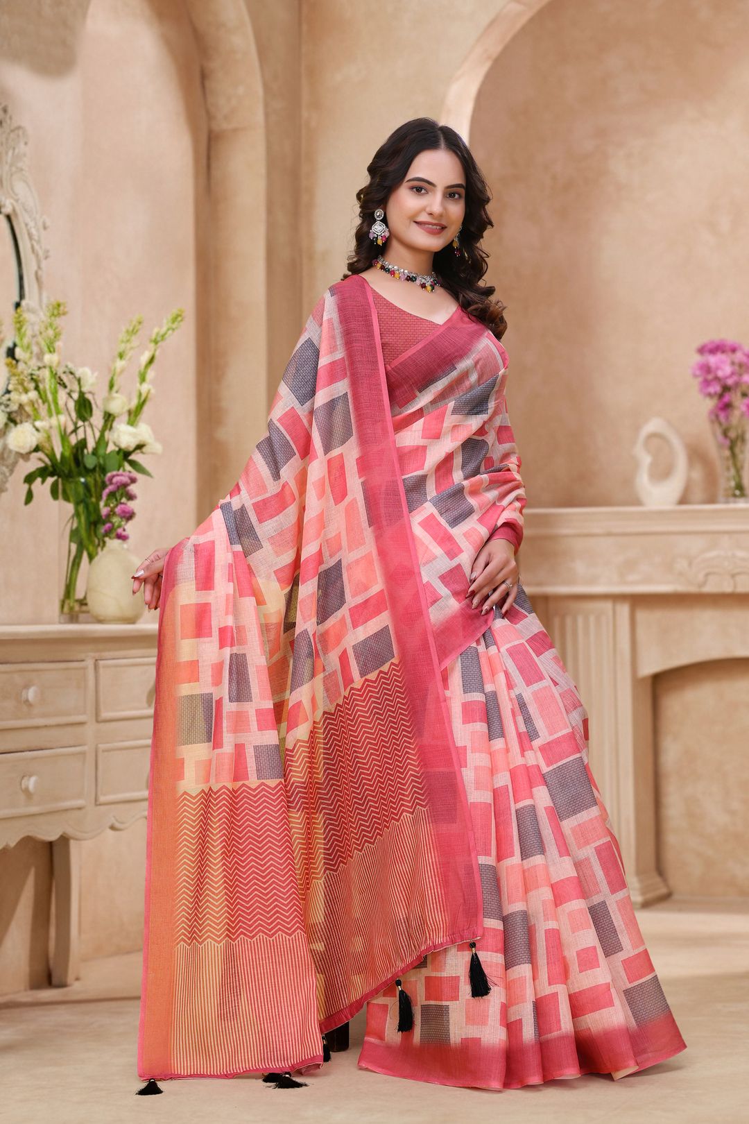 Buy Coral Pink Geometric Printed Linen Cotton Saree Online!