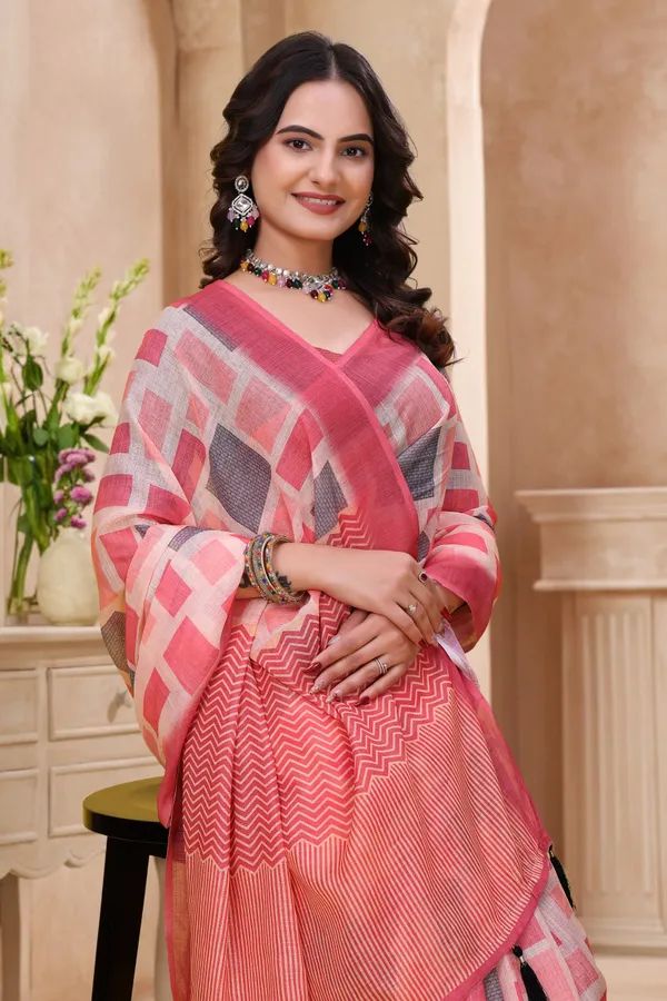Buy Coral Pink Geometric Printed Linen Cotton Saree Online!