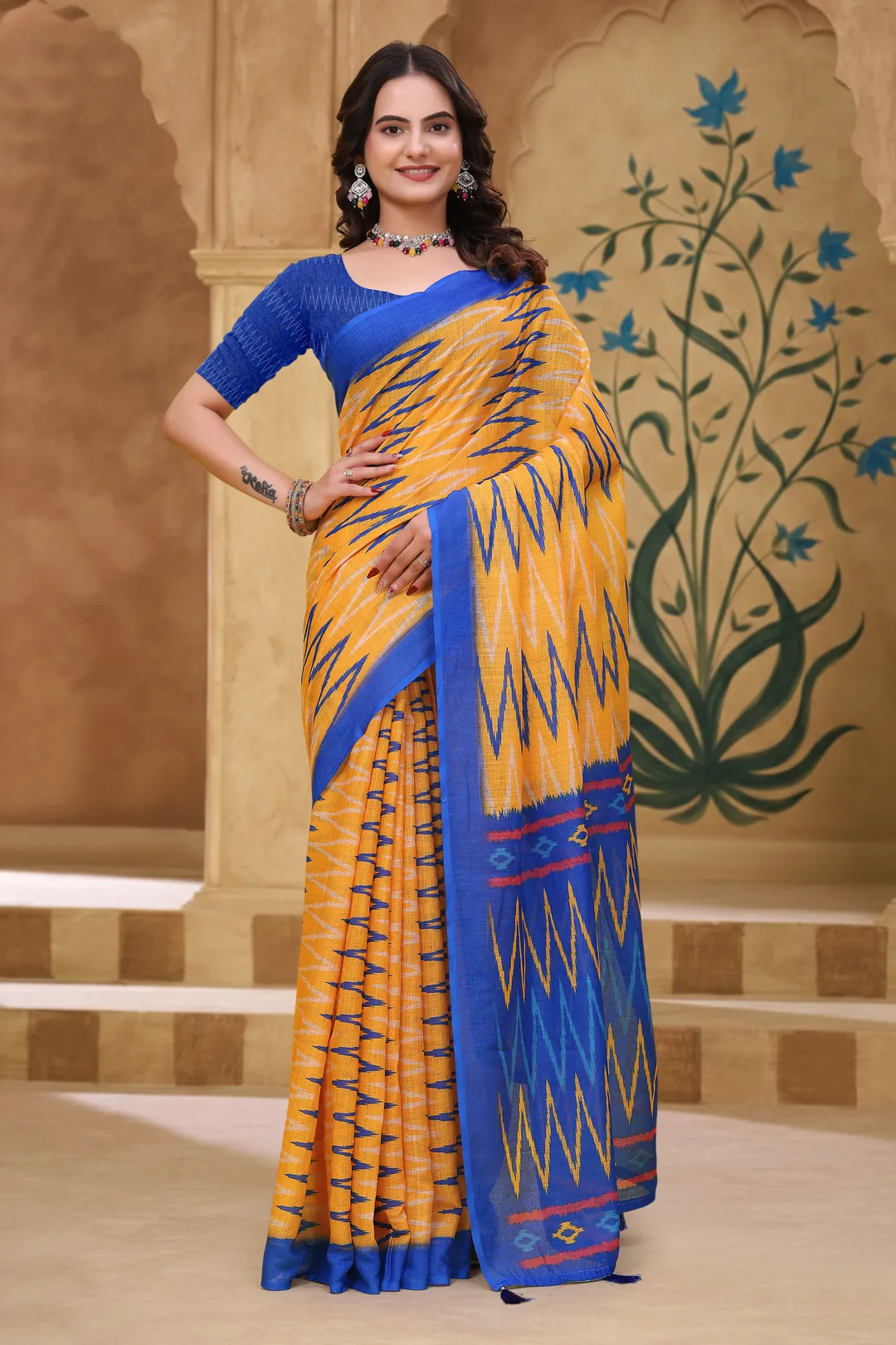 Buy Mustard Blue Ikat Print Linen Cotton Saree with Borders