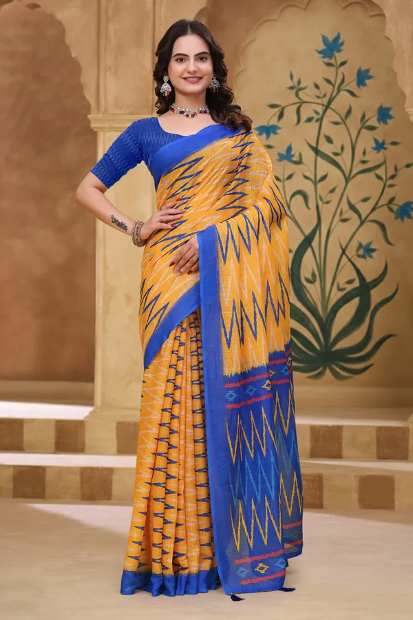Buy Mustard Blue Ikat Print Linen Cotton Saree with Borders