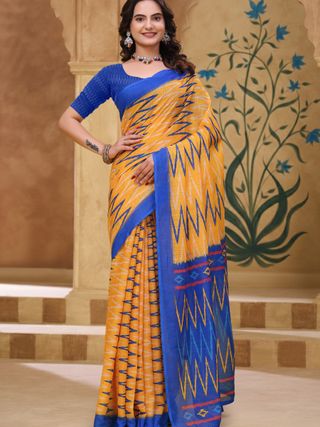 Buy Mustard Blue Ikat Print Linen Cotton Saree with Borders