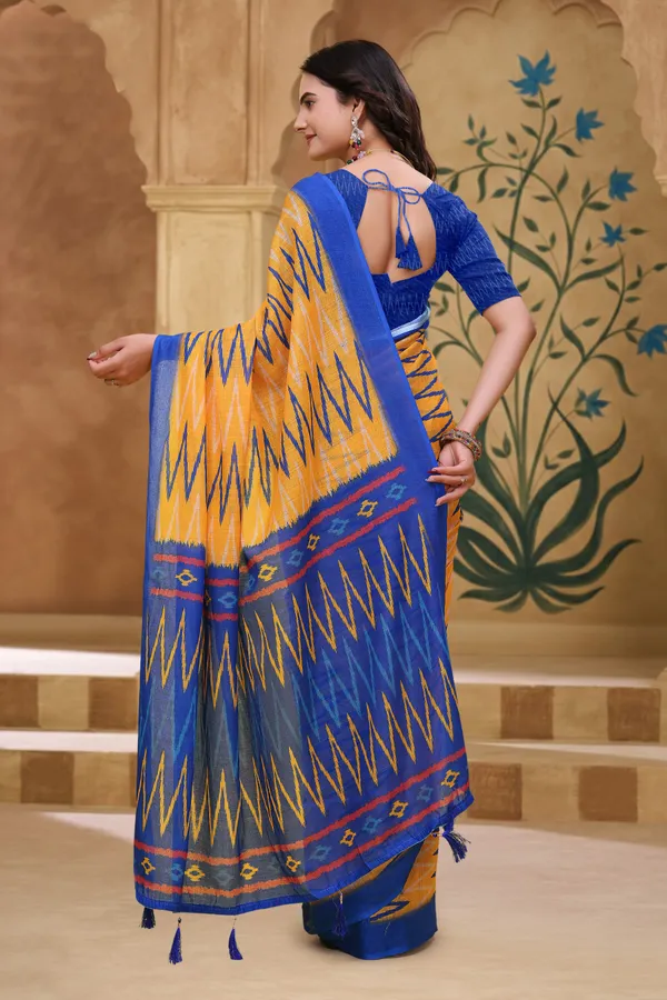 Buy Mustard Blue Ikat Print Linen Cotton Saree with Borders