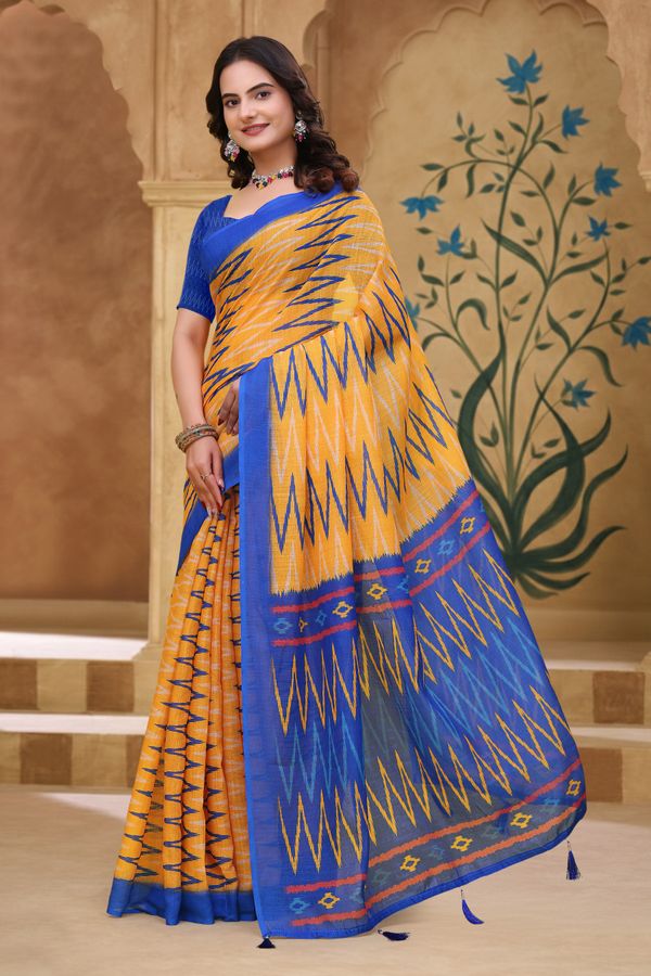 Buy Mustard Blue Ikat Print Linen Cotton Saree with Borders