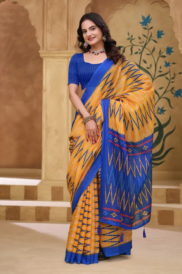 Buy Mustard Blue Ikat Print Linen Cotton Saree with Borders