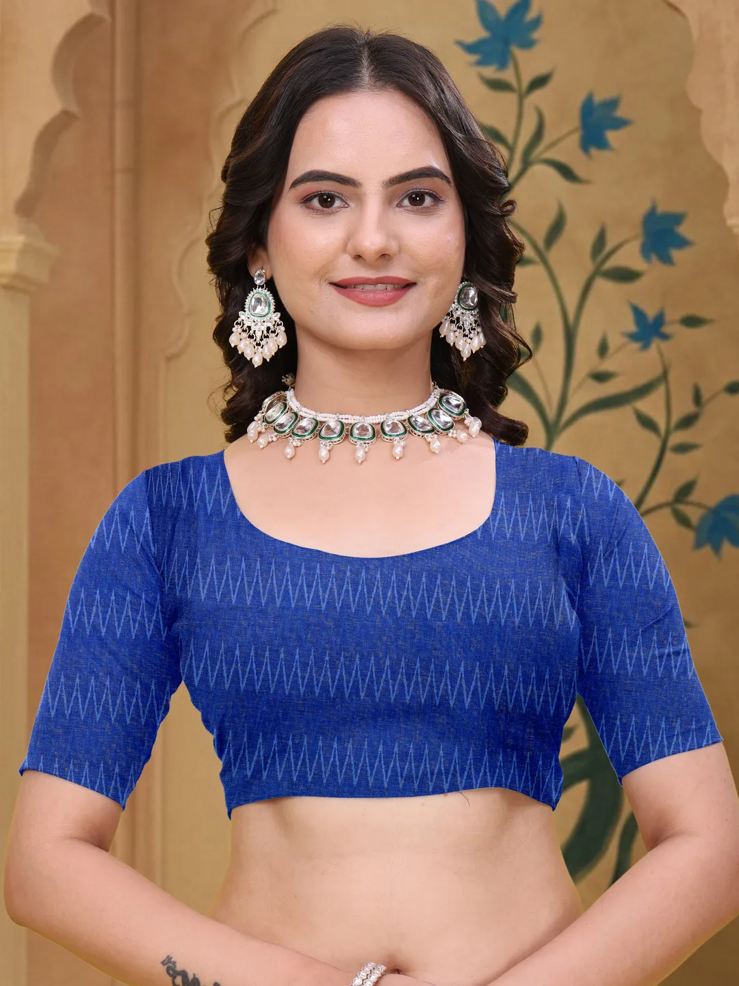 Buy Mustard Blue Ikat Print Linen Cotton Saree with Borders