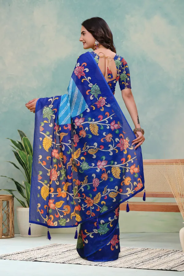 Royal Blue Floral Print Linen Cotton Saree - Varnavi Online