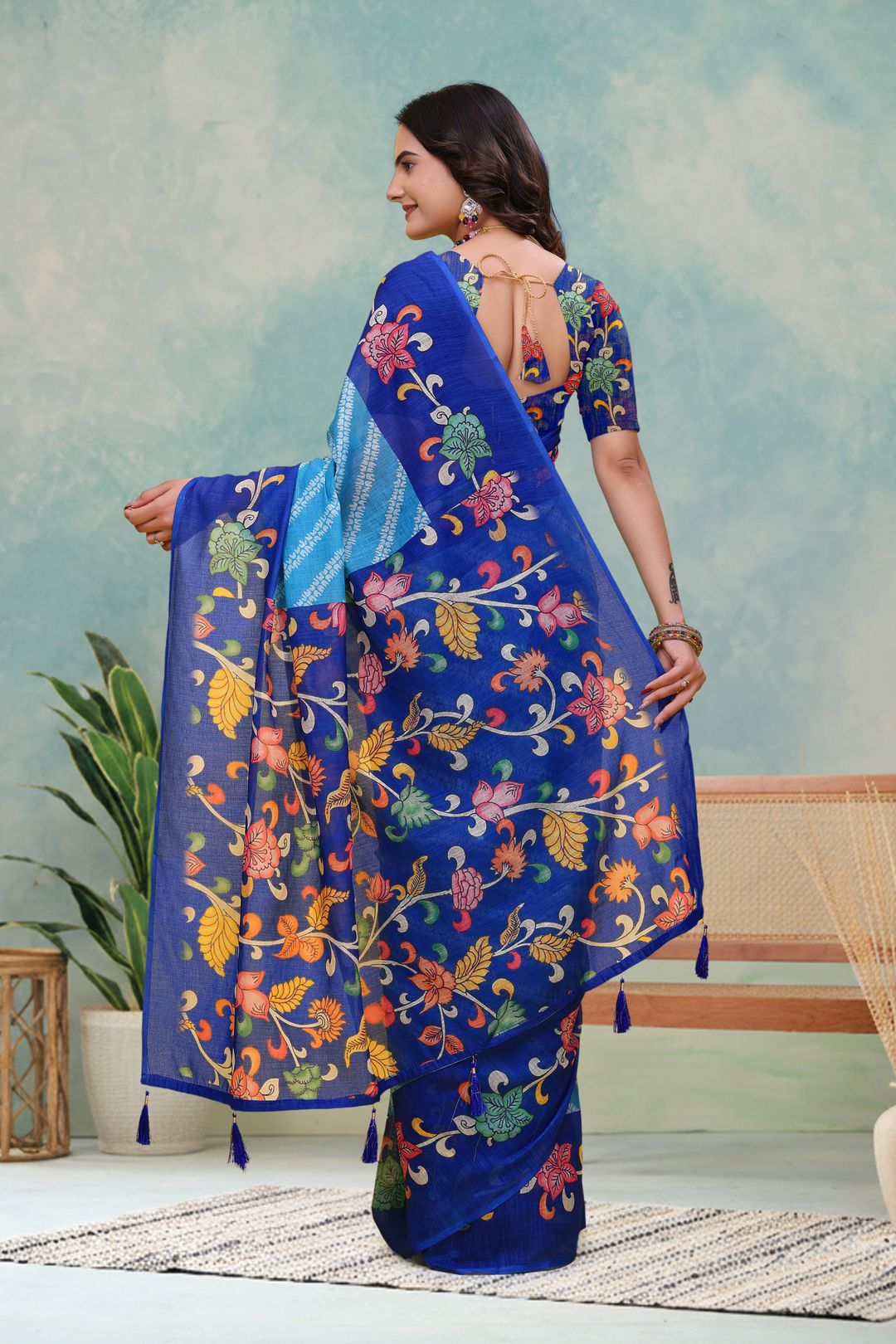 Royal Blue Floral Print Linen Cotton Saree - Varnavi Online