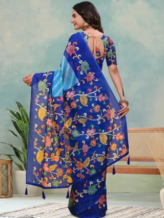 Royal Blue Floral Print Linen Cotton Saree - Varnavi Online
