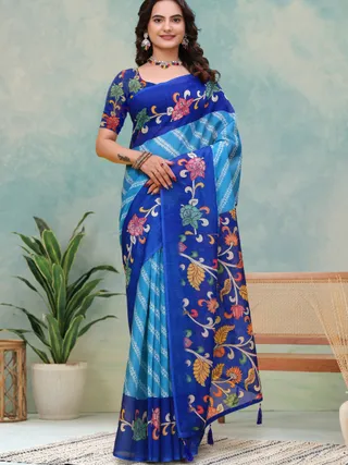 Royal Blue Floral Print Linen Cotton Saree - Varnavi Online