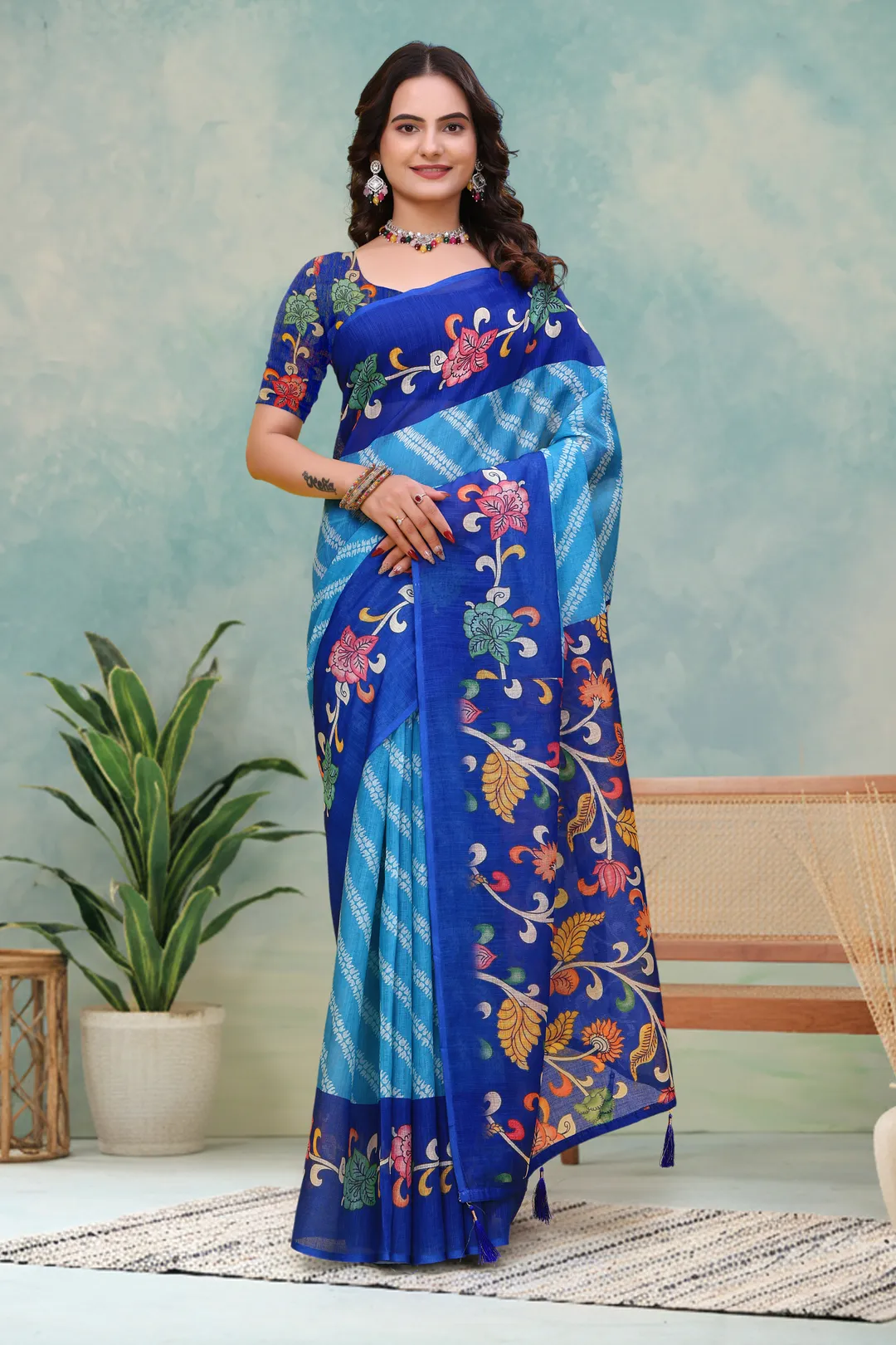 Royal Blue Floral Print Linen Cotton Saree - Varnavi Online