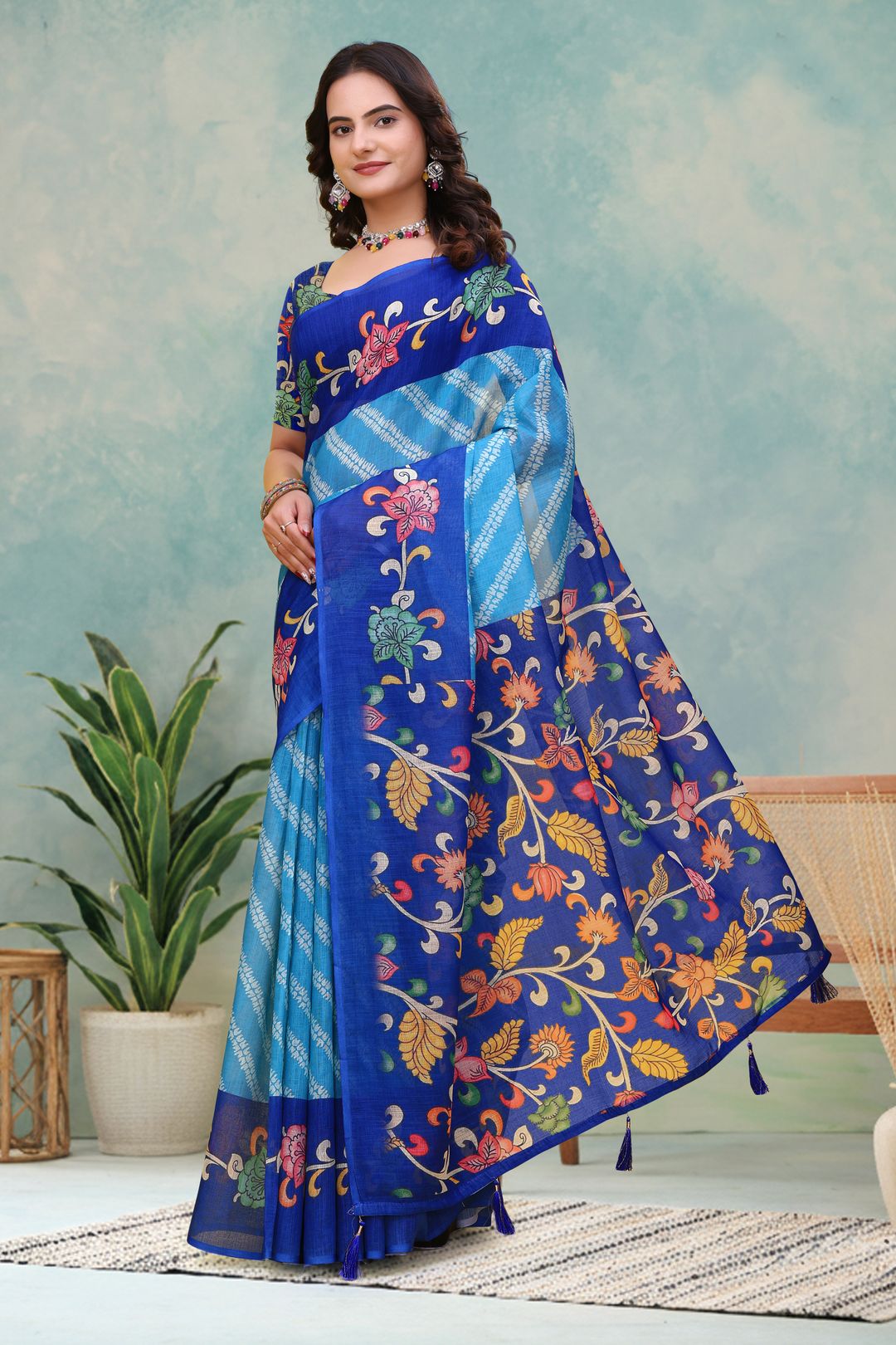 Royal Blue Floral Print Linen Cotton Saree - Varnavi Online