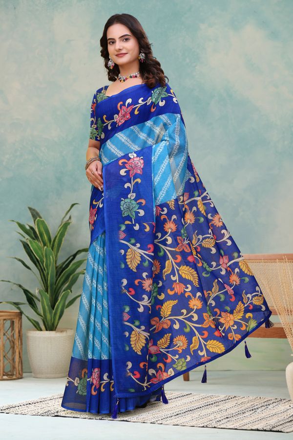 Royal Blue Floral Print Linen Cotton Saree - Varnavi Online