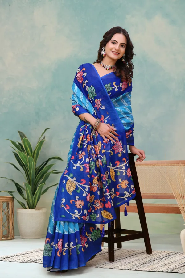 Royal Blue Floral Print Linen Cotton Saree - Varnavi Online