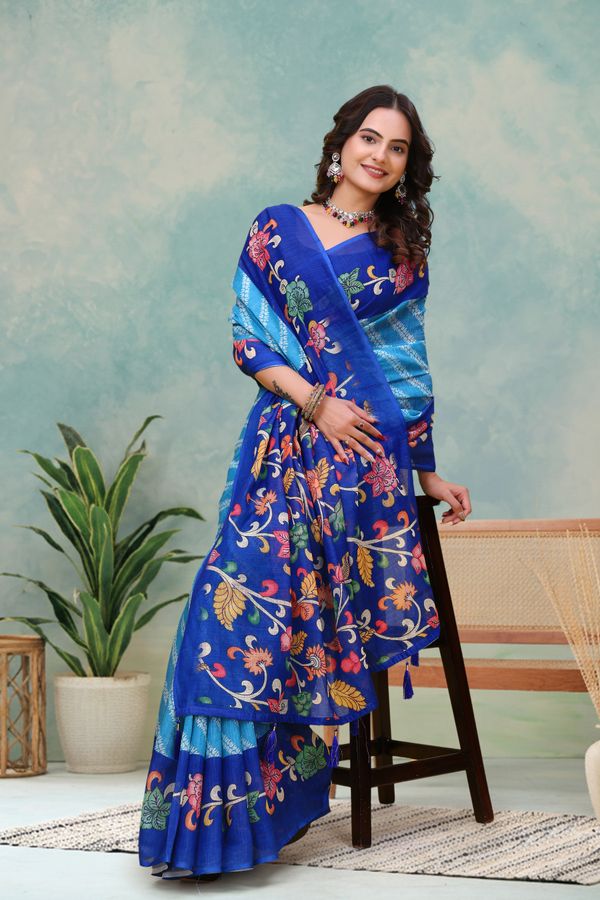 Royal Blue Floral Print Linen Cotton Saree - Varnavi Online