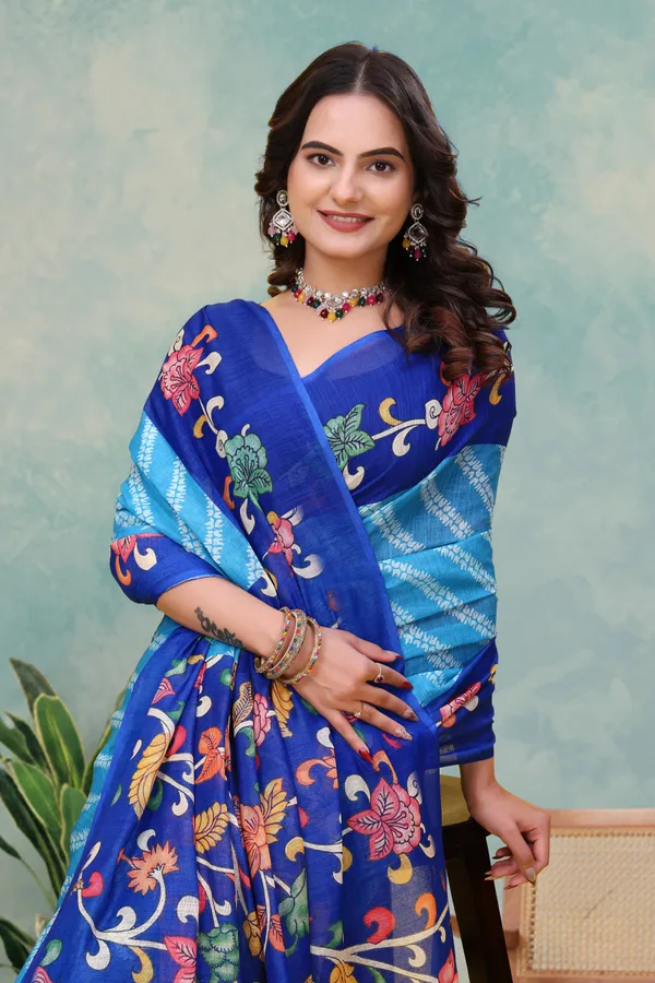 Royal Blue Floral Print Linen Cotton Saree - Varnavi Online