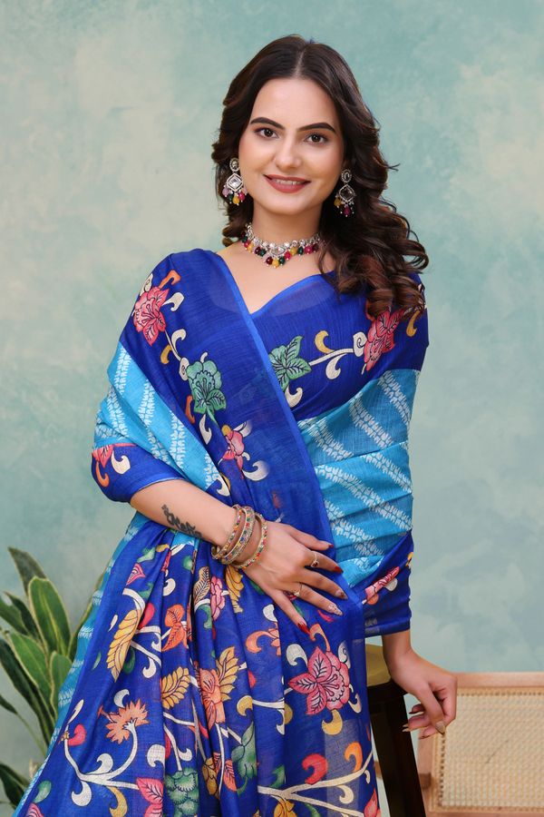Royal Blue Floral Print Linen Cotton Saree - Varnavi Online