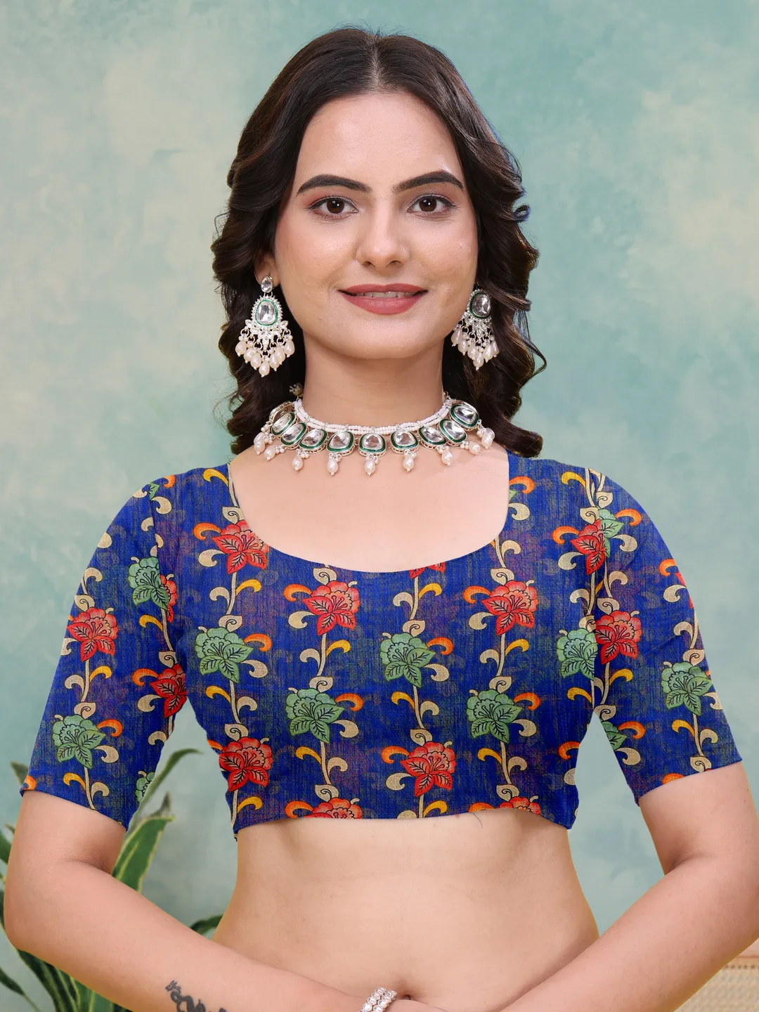 Royal Blue Floral Print Linen Cotton Saree - Varnavi Online
