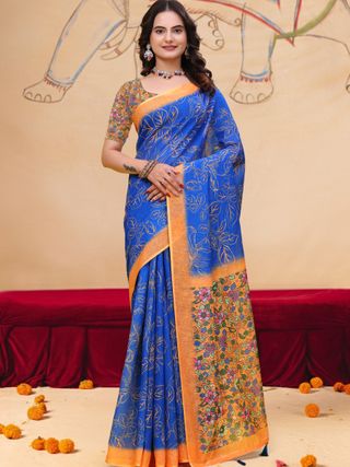 Royal Blue Floral Leaf Print Linen Cotton Saree Online
