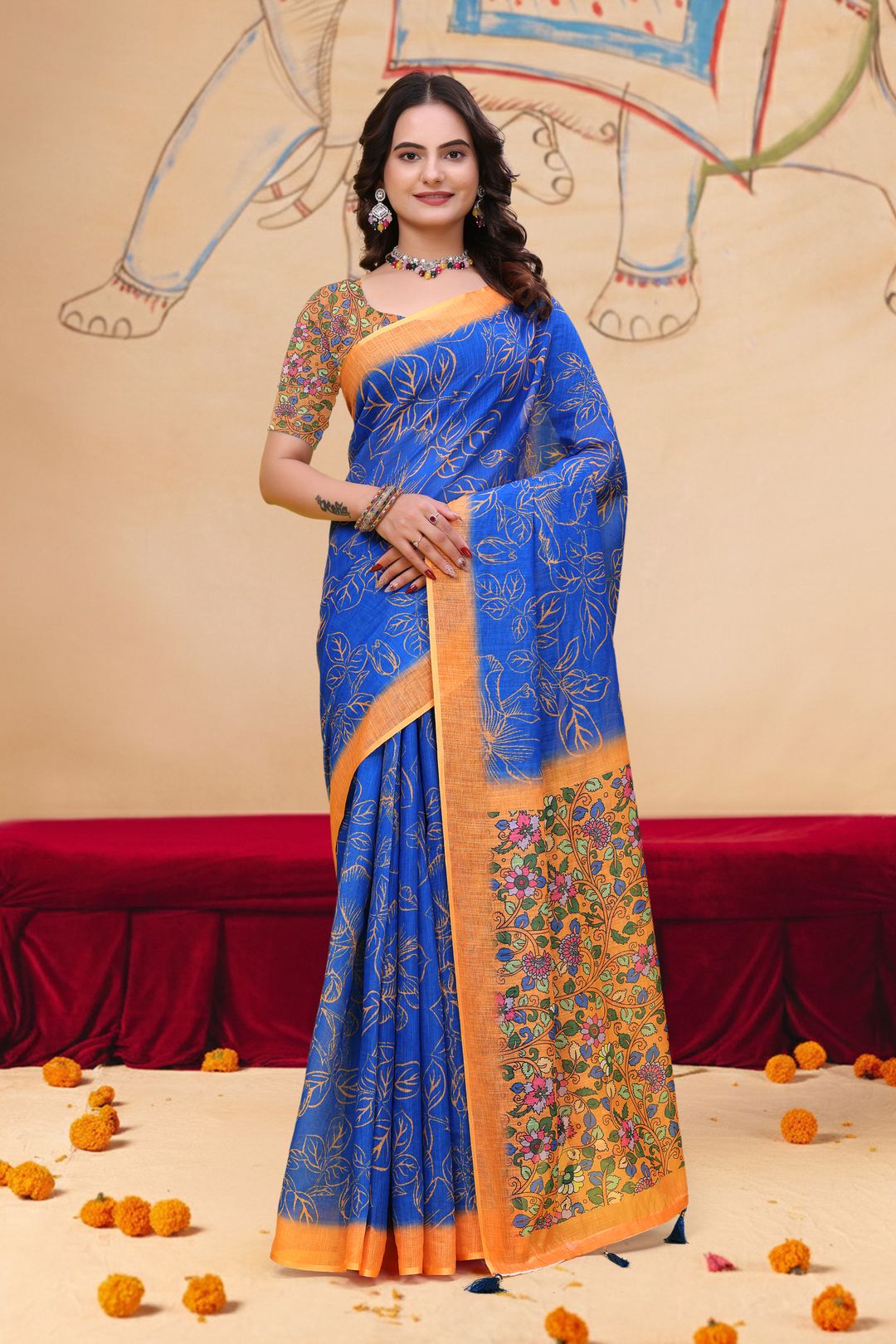 Royal Blue Floral Leaf Print Linen Cotton Saree Online