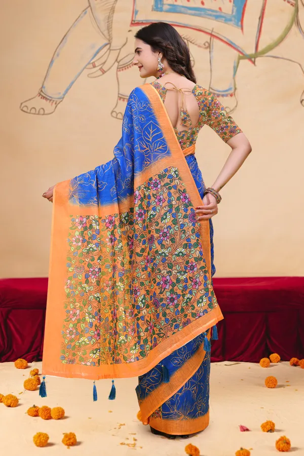 Royal Blue Floral Leaf Print Linen Cotton Saree Online