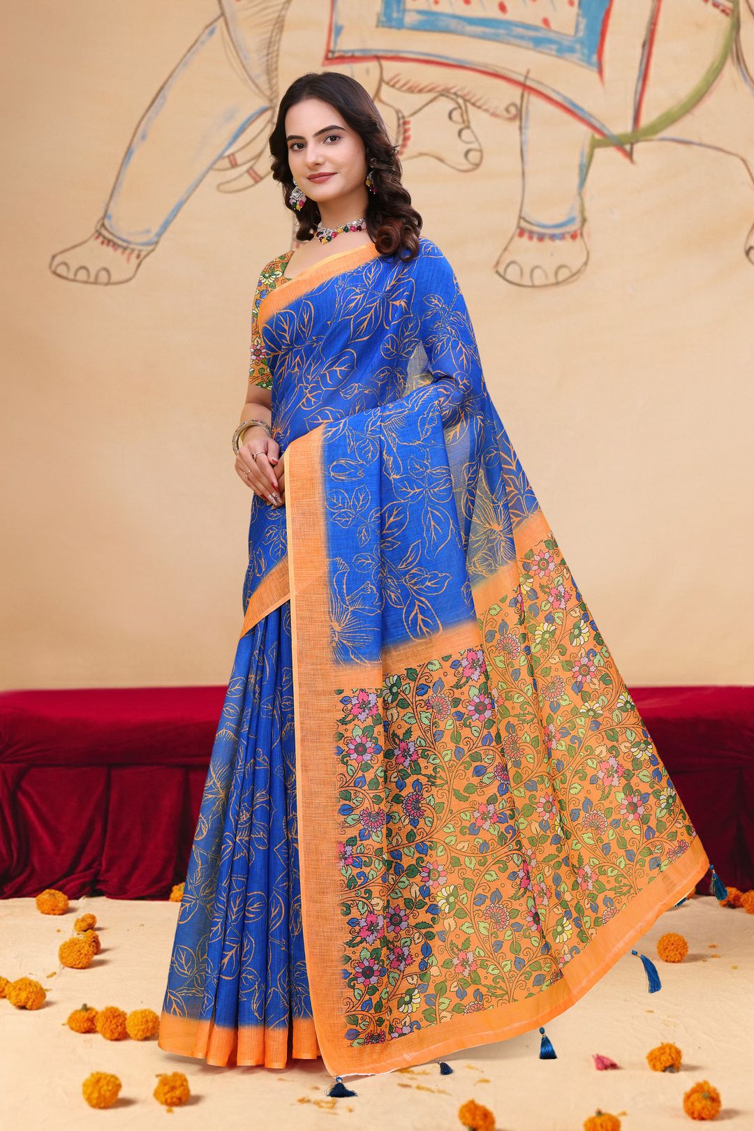 Royal Blue Floral Leaf Print Linen Cotton Saree Online