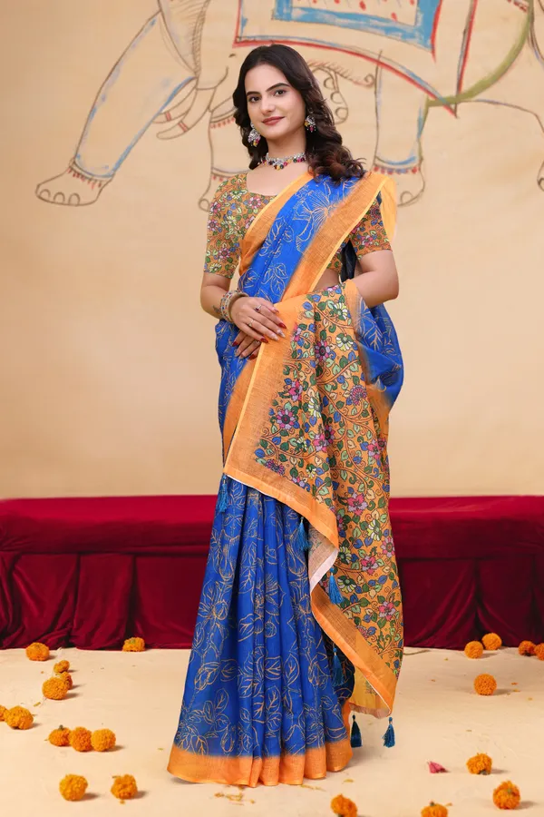 Royal Blue Floral Leaf Print Linen Cotton Saree Online
