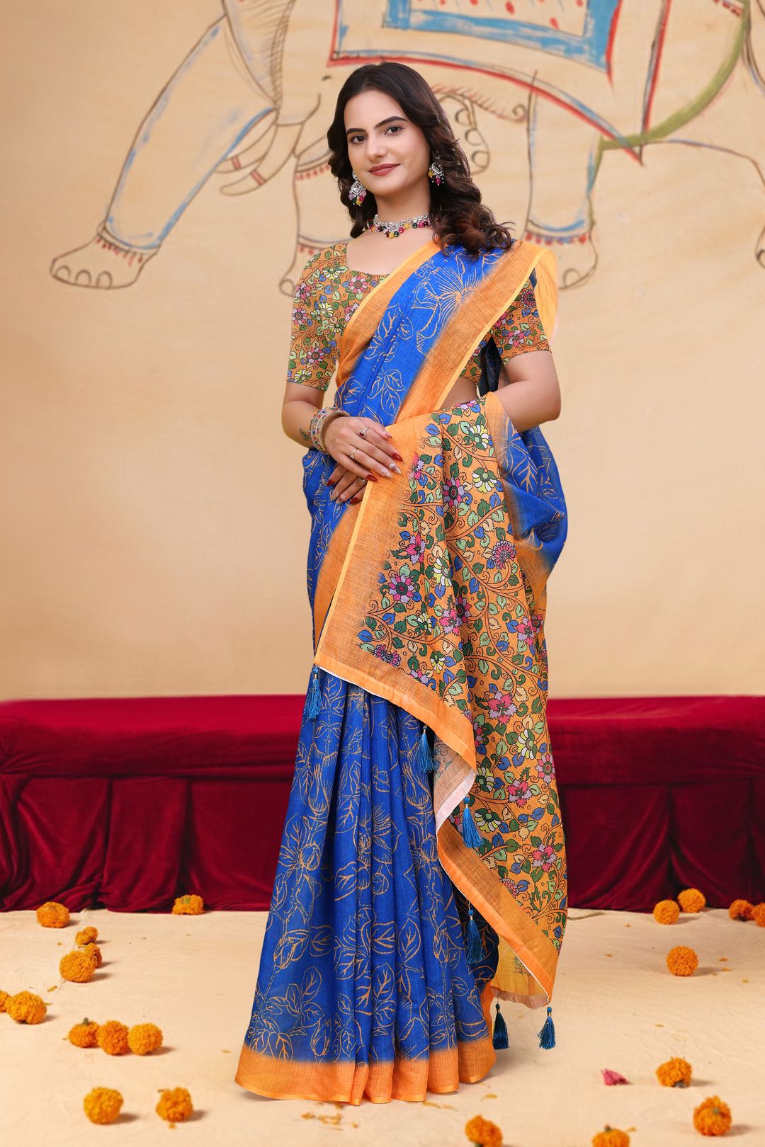 Royal Blue Floral Leaf Print Linen Cotton Saree Online