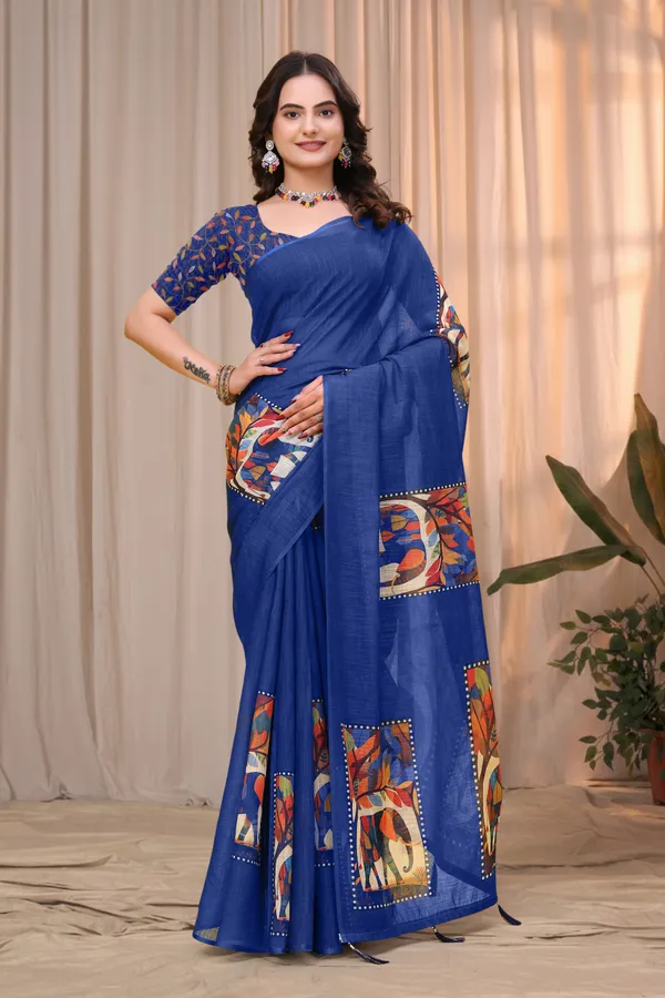 Buy Royal Blue Linen Cotton Printed Panel Saree | Varnavi