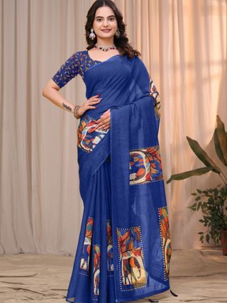 Buy Royal Blue Linen Cotton Printed Panel Saree | Varnavi
