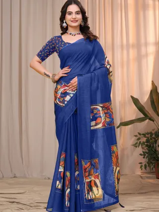 Buy Royal Blue Linen Cotton Printed Panel Saree | Varnavi