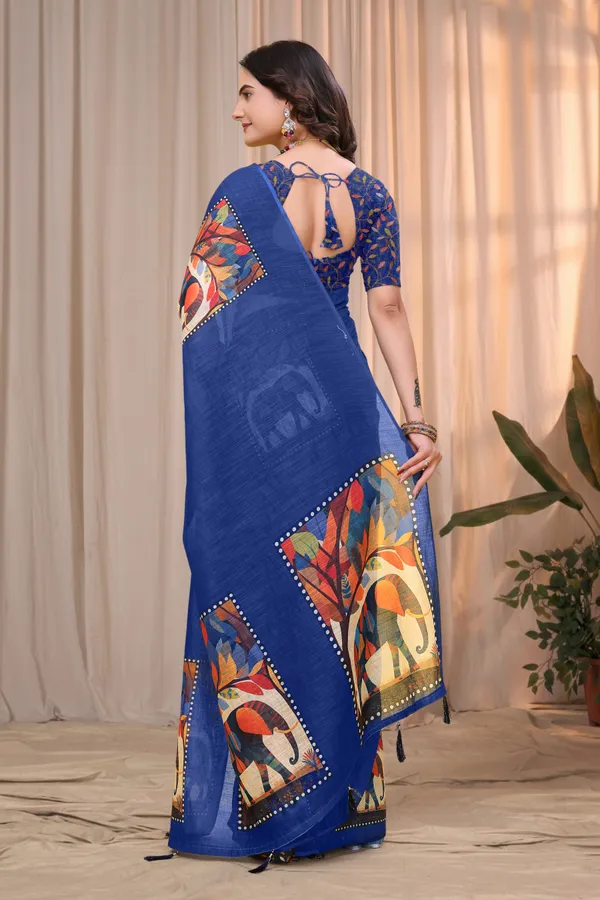 Buy Royal Blue Linen Cotton Printed Panel Saree | Varnavi