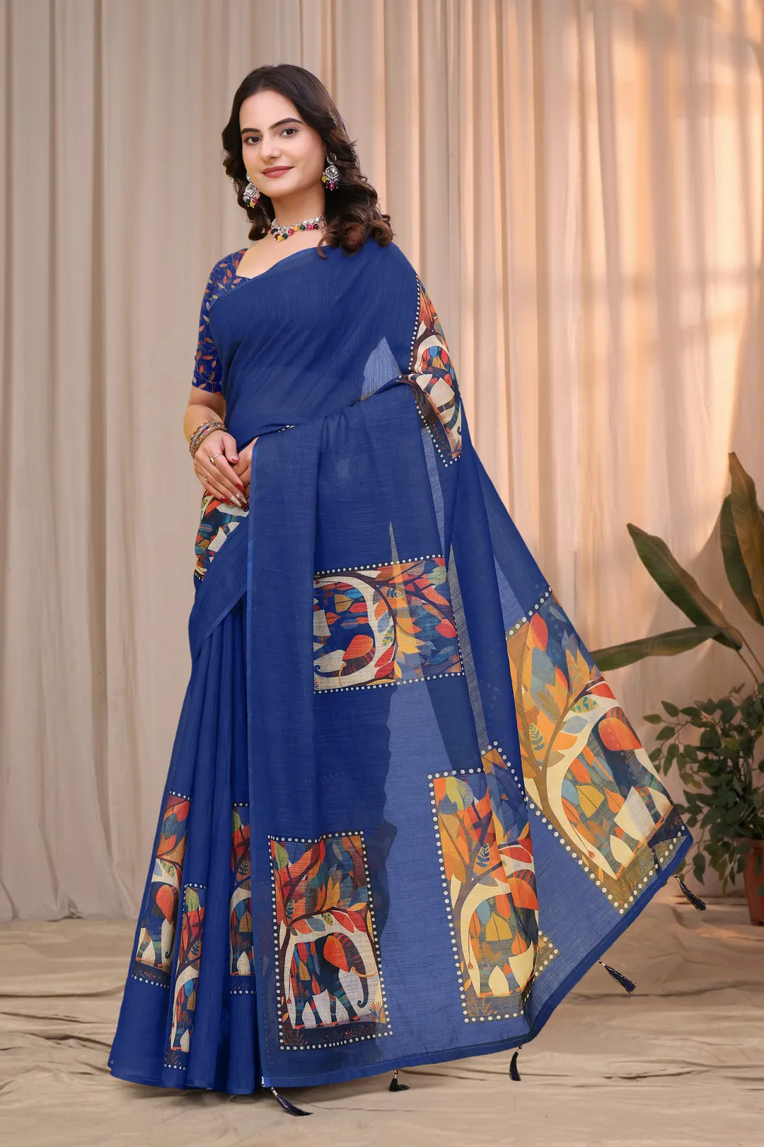 Buy Royal Blue Linen Cotton Printed Panel Saree | Varnavi