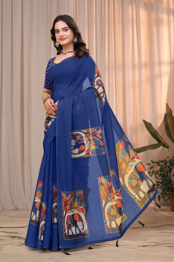 Buy Royal Blue Linen Cotton Printed Panel Saree | Varnavi