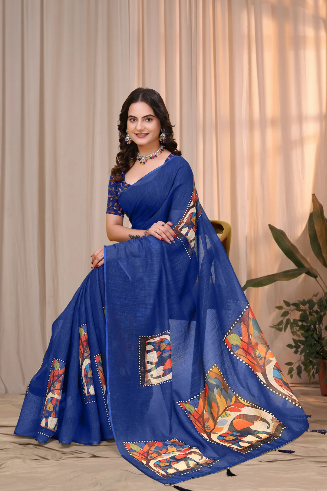 Buy Royal Blue Linen Cotton Printed Panel Saree | Varnavi