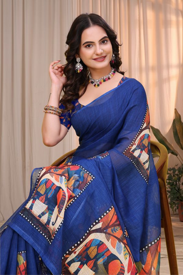 Buy Royal Blue Linen Cotton Printed Panel Saree | Varnavi