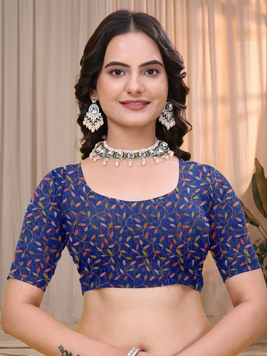 Buy Royal Blue Linen Cotton Printed Panel Saree | Varnavi