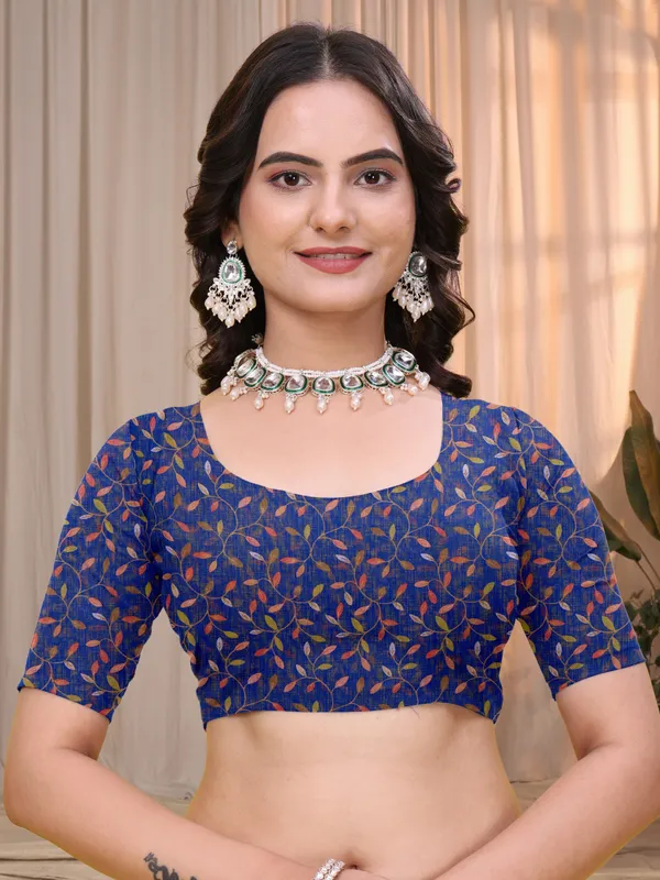 Buy Royal Blue Linen Cotton Printed Panel Saree | Varnavi