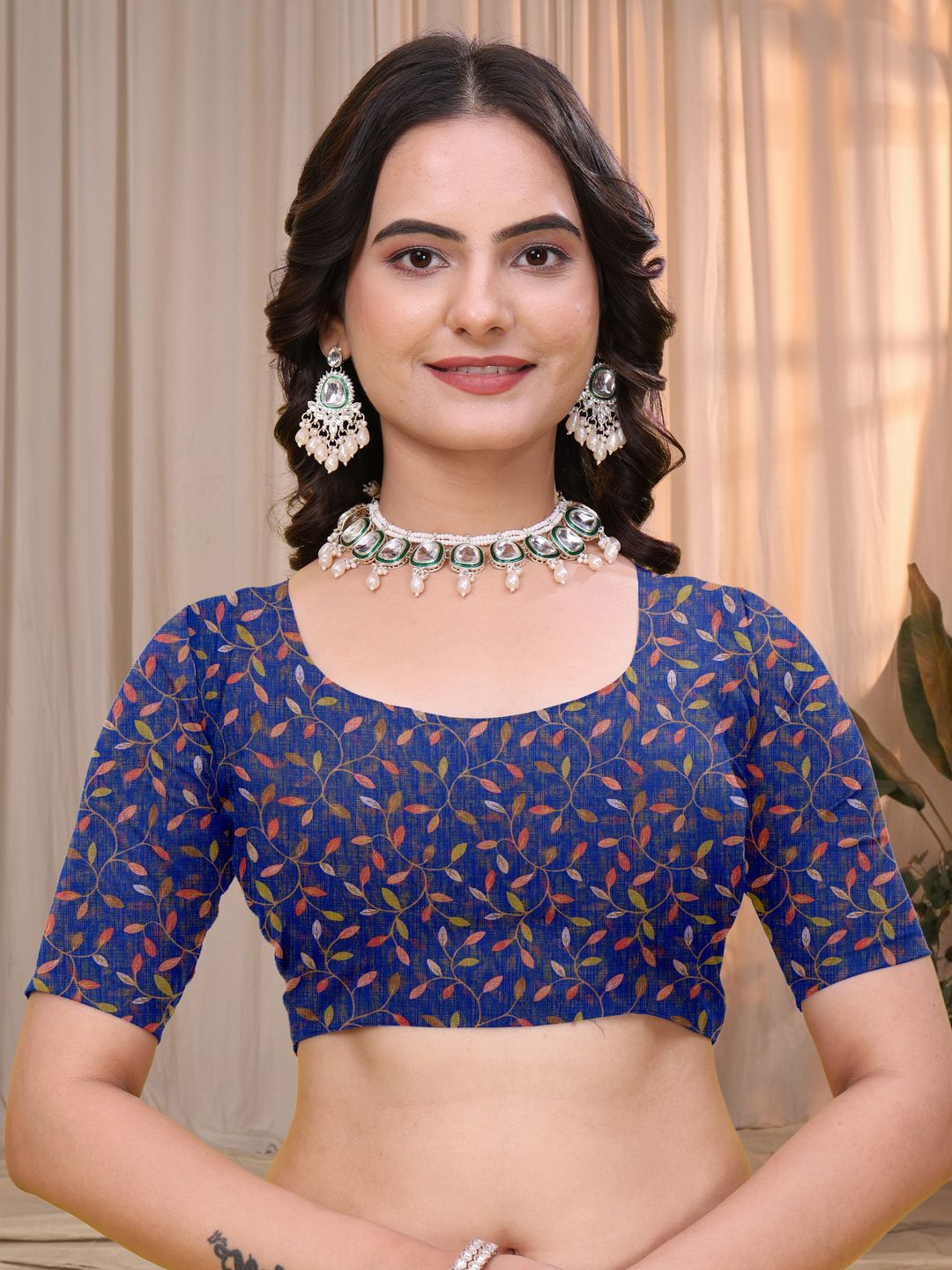 Buy Royal Blue Linen Cotton Printed Panel Saree | Varnavi