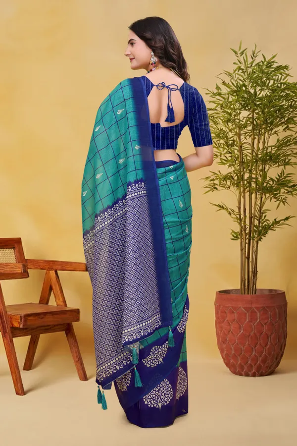 Blue Green Linen Cotton Saree with Checks and Printed Pallu