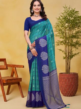 Blue Green Linen Cotton Saree with Checks and Printed Pallu