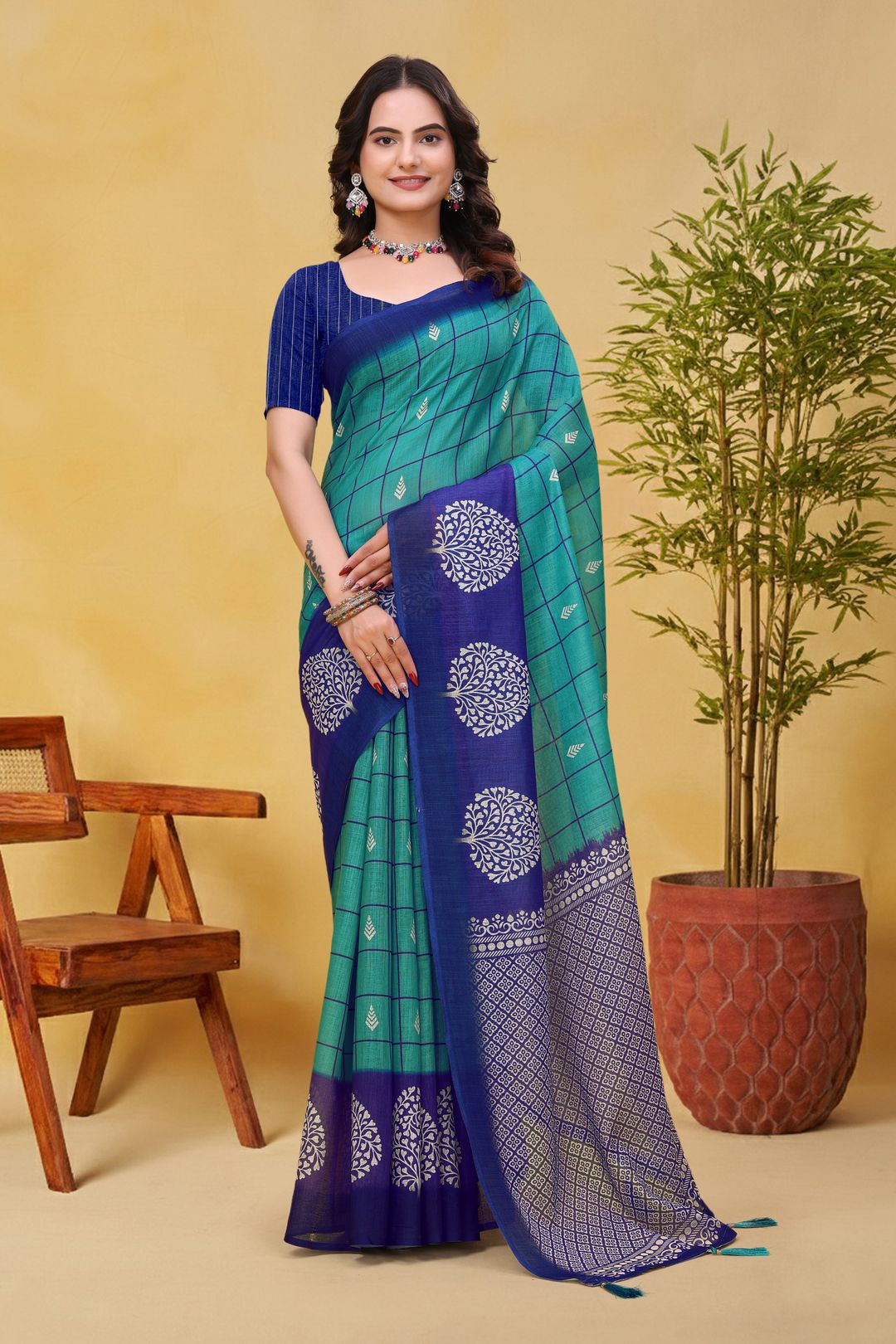Blue Green Linen Cotton Saree with Checks and Printed Pallu