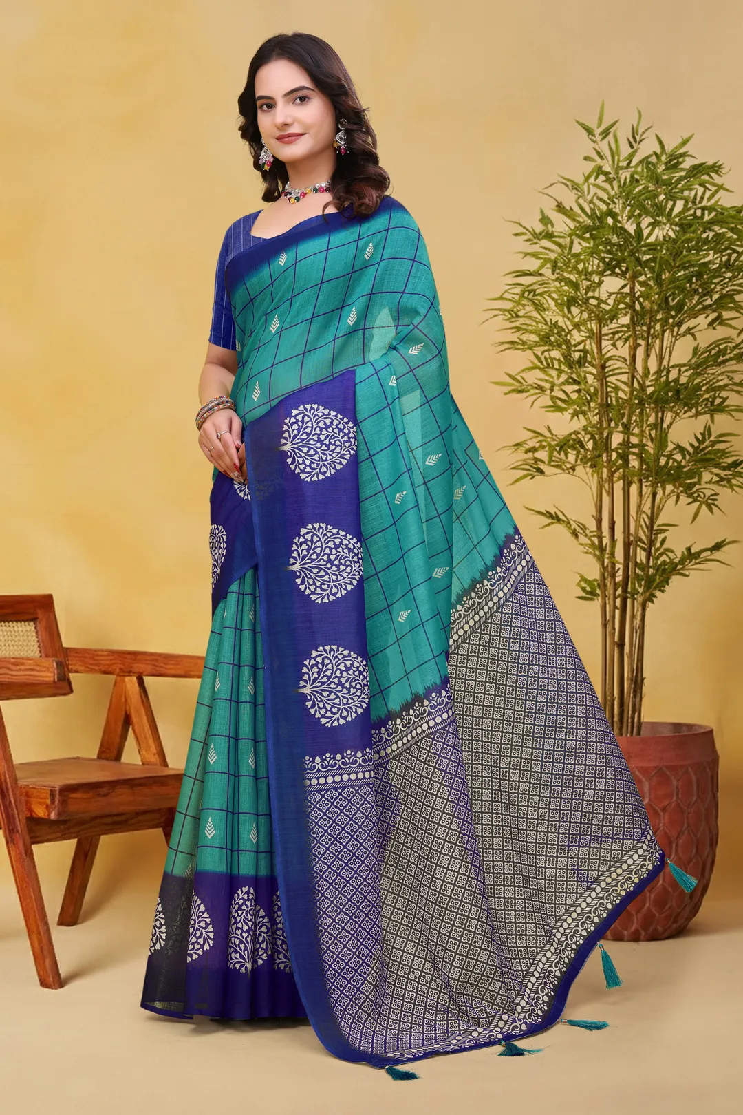 Blue Green Linen Cotton Saree with Checks and Printed Pallu