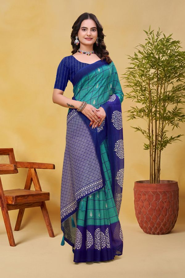 Blue Green Linen Cotton Saree with Checks and Printed Pallu