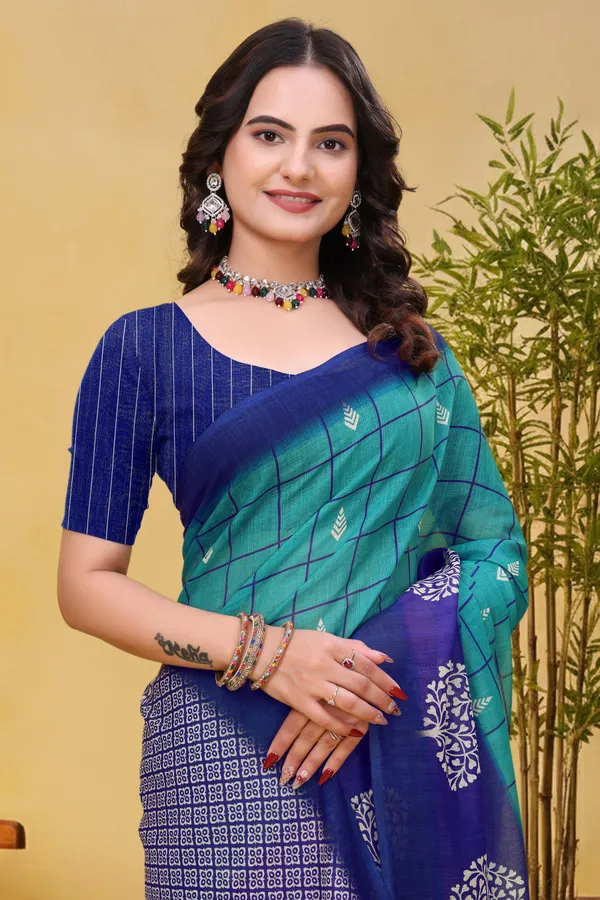 Blue Green Linen Cotton Saree with Checks and Printed Pallu