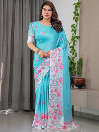 Turquoise Floral Print Satin Saree with Unstitched Blouse