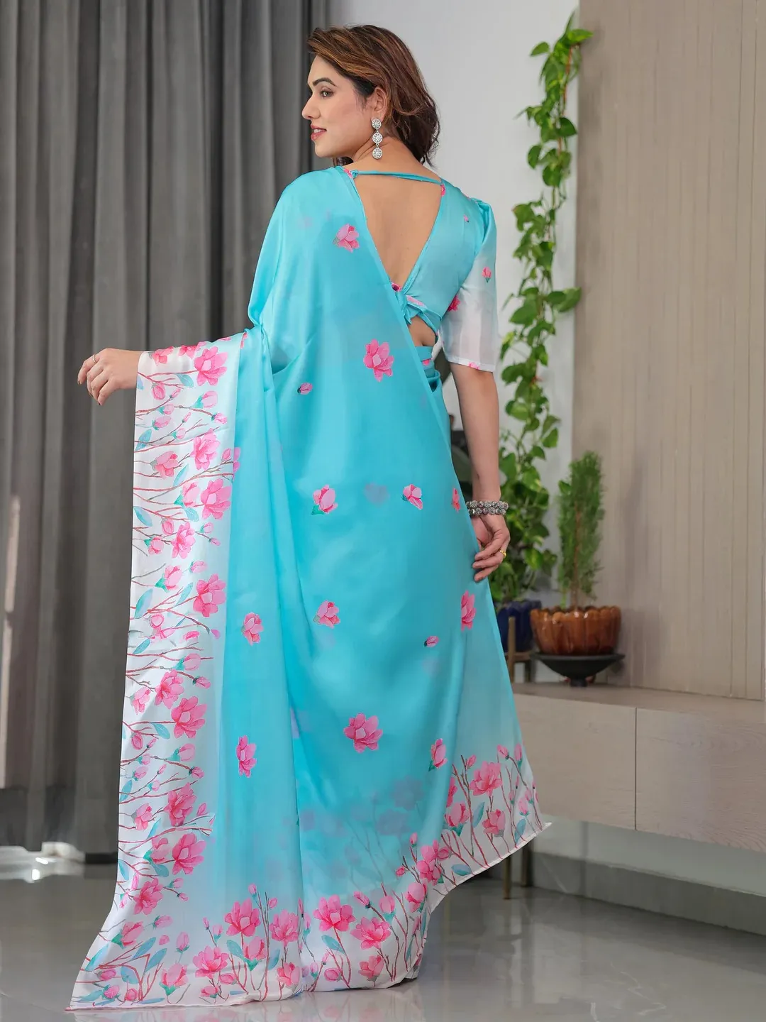 Turquoise Floral Print Satin Saree with Unstitched Blouse