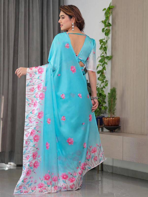 Turquoise Floral Print Satin Saree with Unstitched Blouse