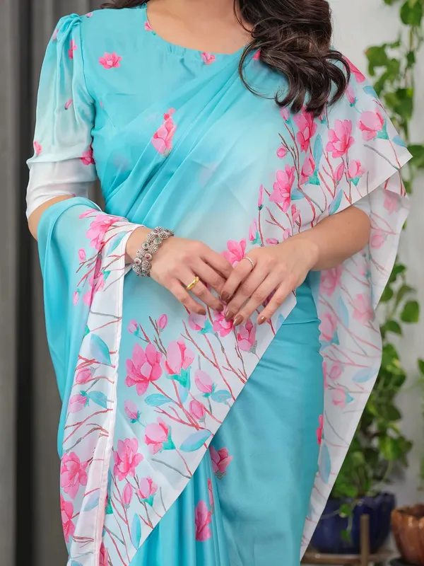 Turquoise Floral Print Satin Saree with Unstitched Blouse