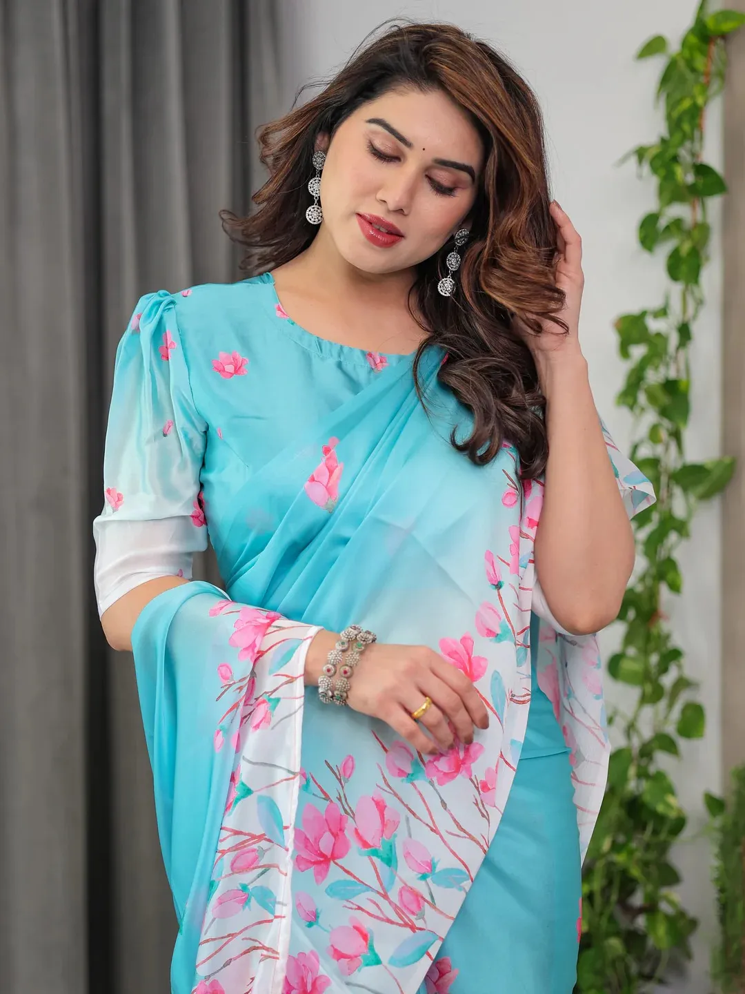 Turquoise Floral Print Satin Saree with Unstitched Blouse